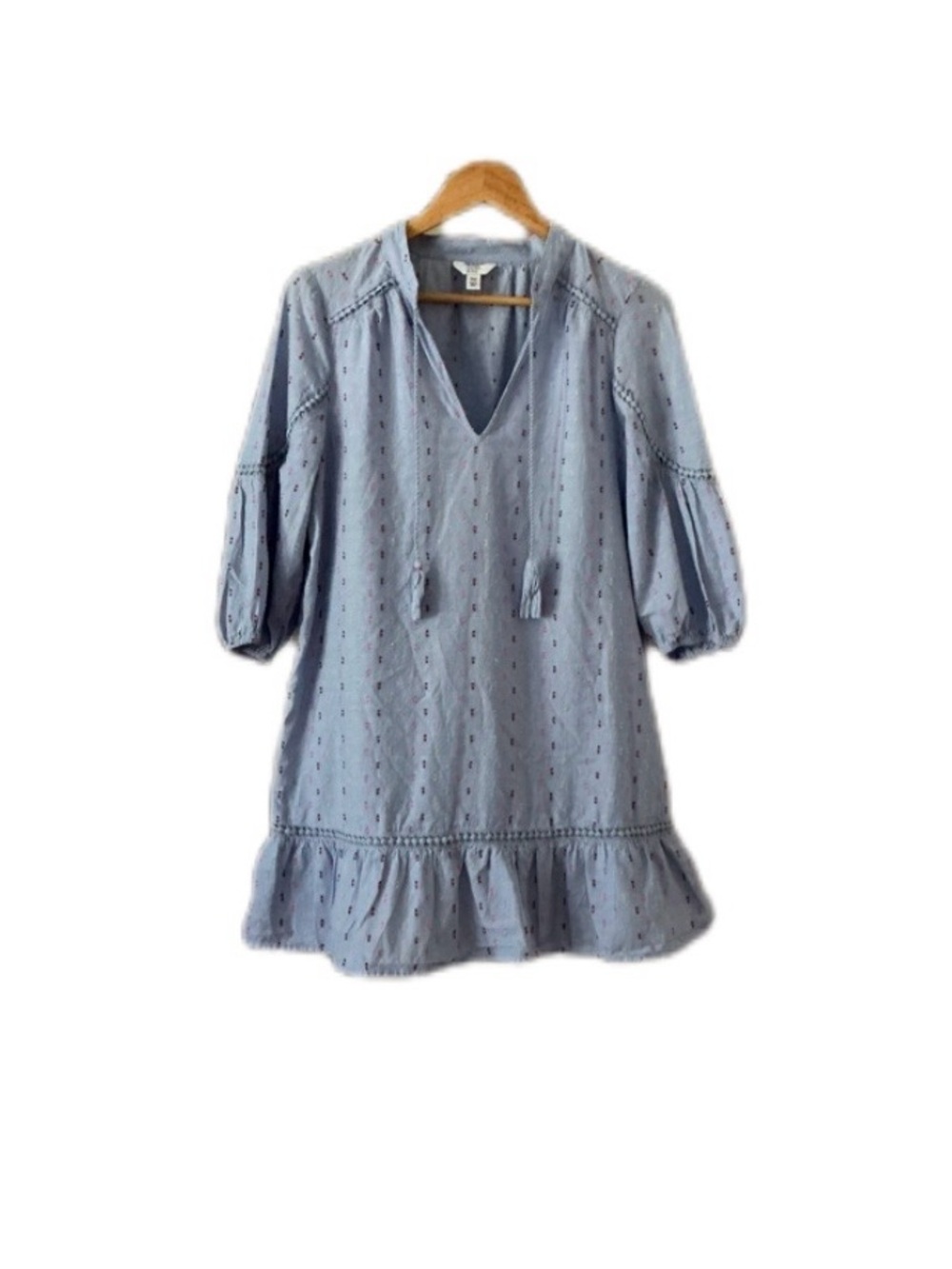 Crown & Ivy Light Blue Tassel Shift Dress with Crochet and Ruffle Detail PM